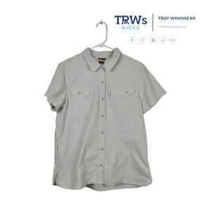 Eddie Bauer Button-Up Shirt Grey White Windowpane Short Sleeve Collar Pocket L